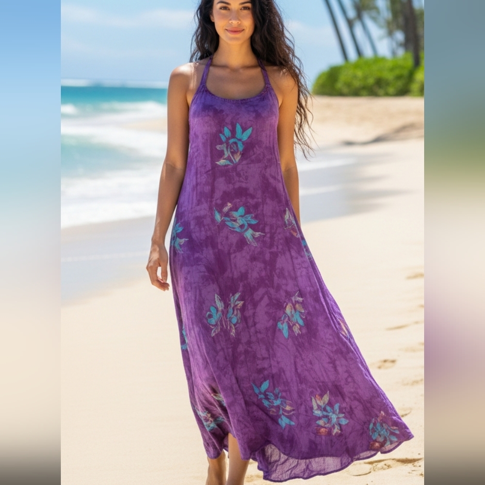 Vtg Bali WAX Rayon Purple Maxi Dress Cross Back Straps Zip Up Small